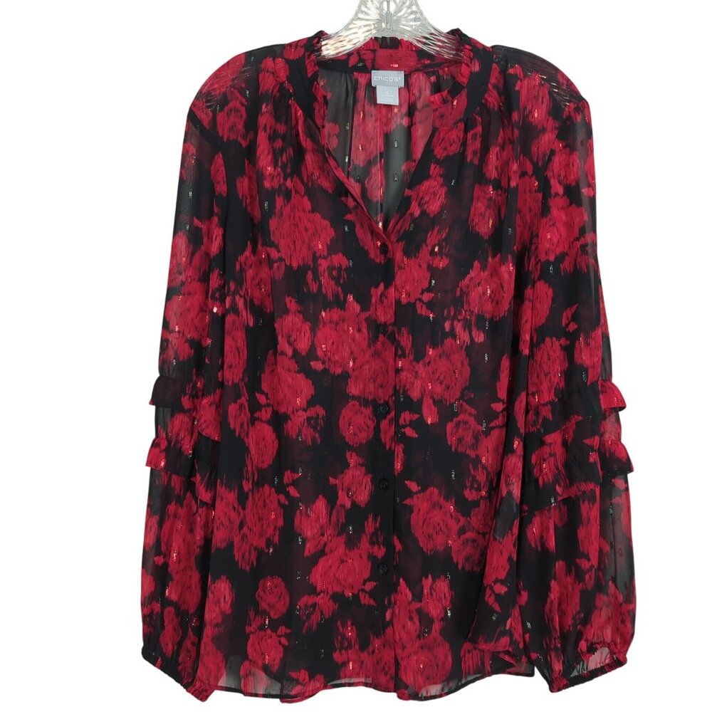Chico's Floral Print Sheer Red Black Blouse Ruffled Sleeves Button Front 3 sz 16